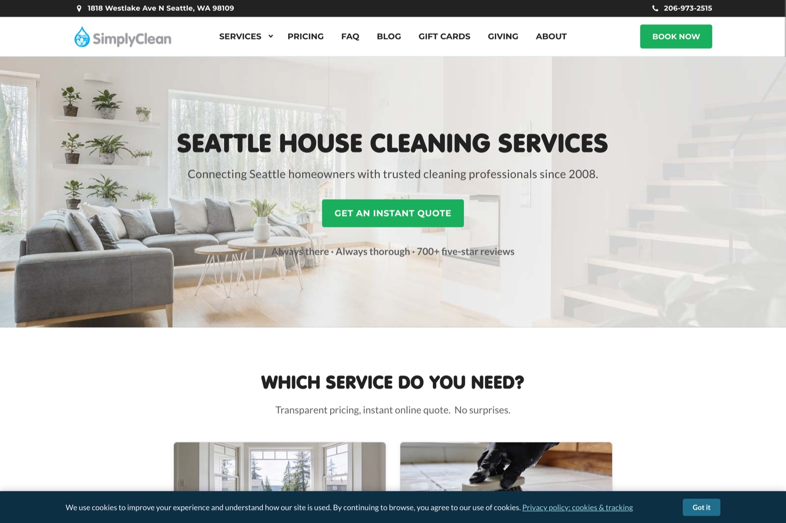 Real screenshot of the Simply Clean Seattle website